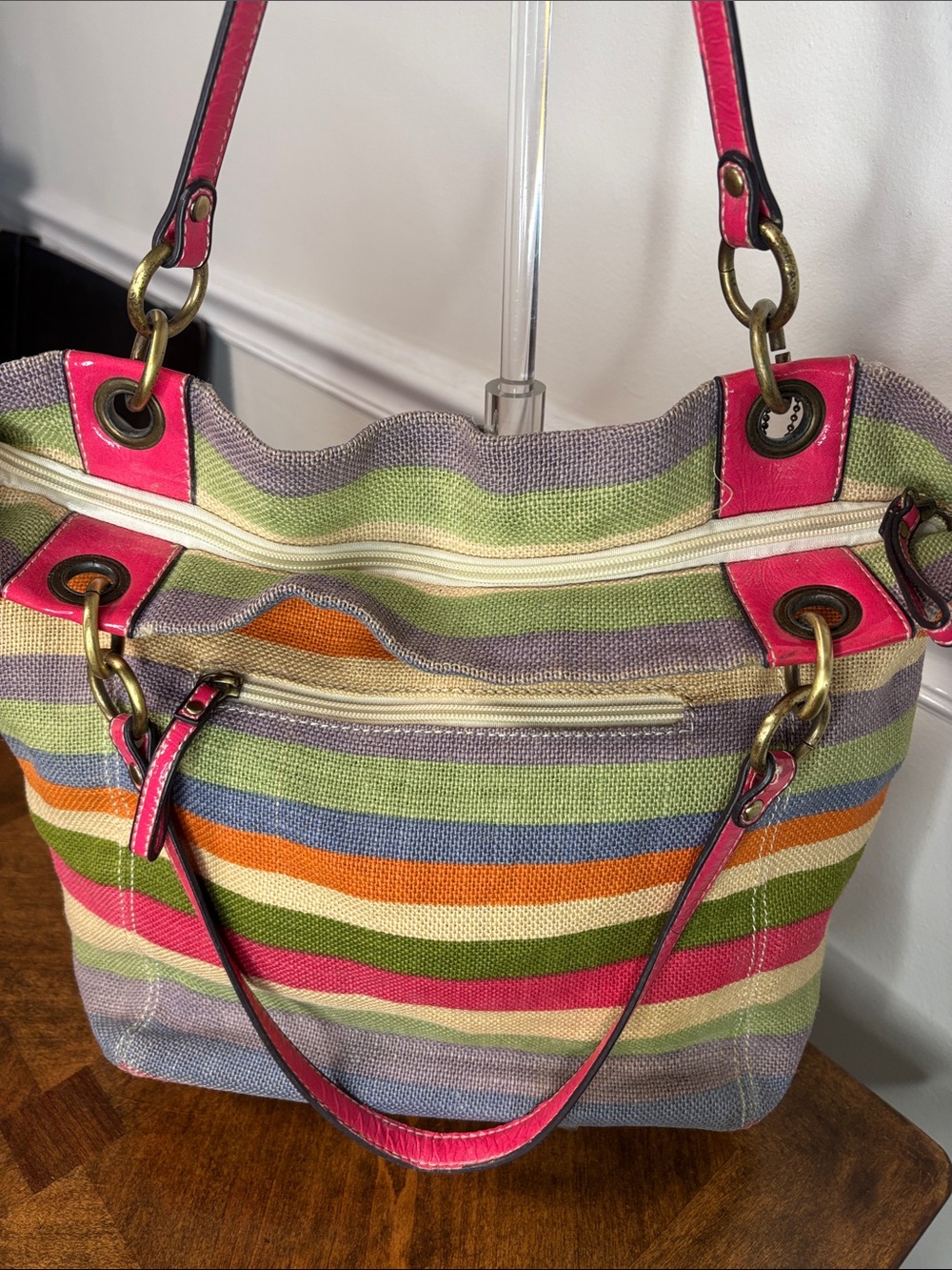 Coach HTF Legacy Striped Multicolor Woven Tote Bag with Pink Patent Leather Trim - Picture 8 of 16